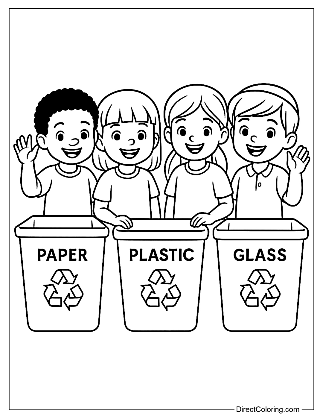 Coloring page of a group of children sorting trash, with green, yellow, and red recycling bins.